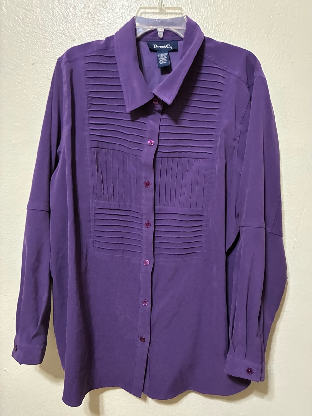 Denim & Co Purple Pleated Button-Down Blouse